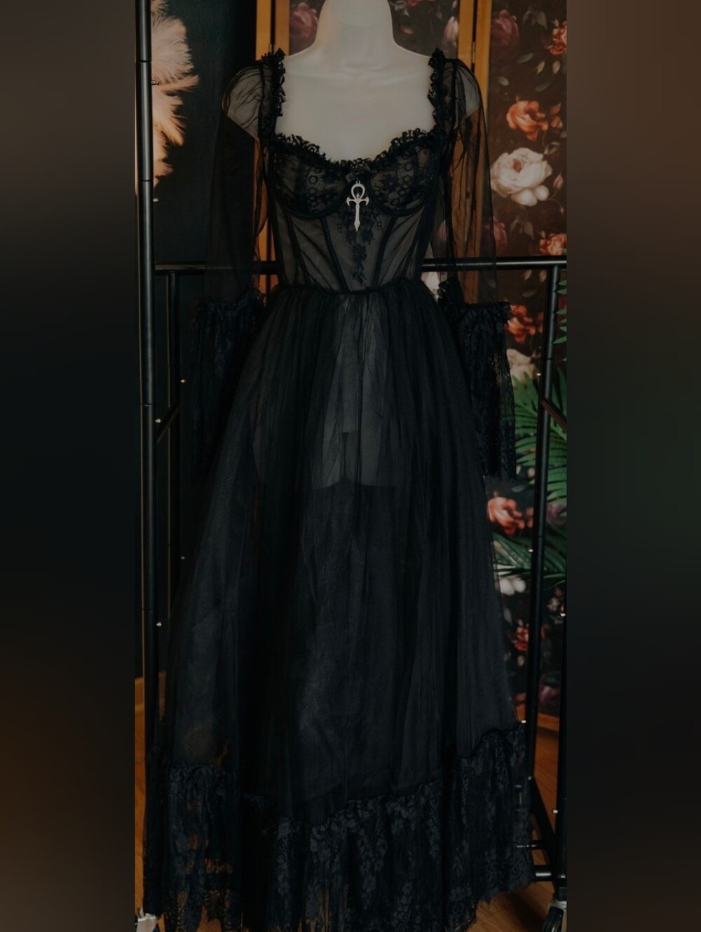 Dolls Kill Black Sheer Lace Corset Tulle Maxi Dress